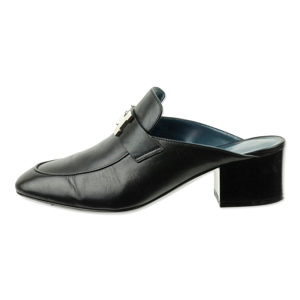 Hermes Black Leather Palladium Paradis H Logo Mules