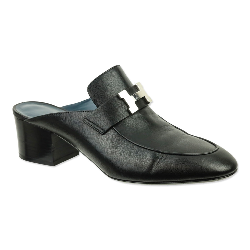 Hermes Black Leather Palladium Paradis H Logo Mules
