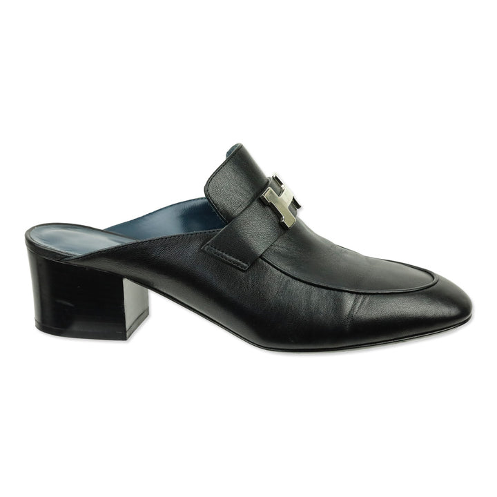 Hermes Black Leather Palladium Paradis H Logo Mules