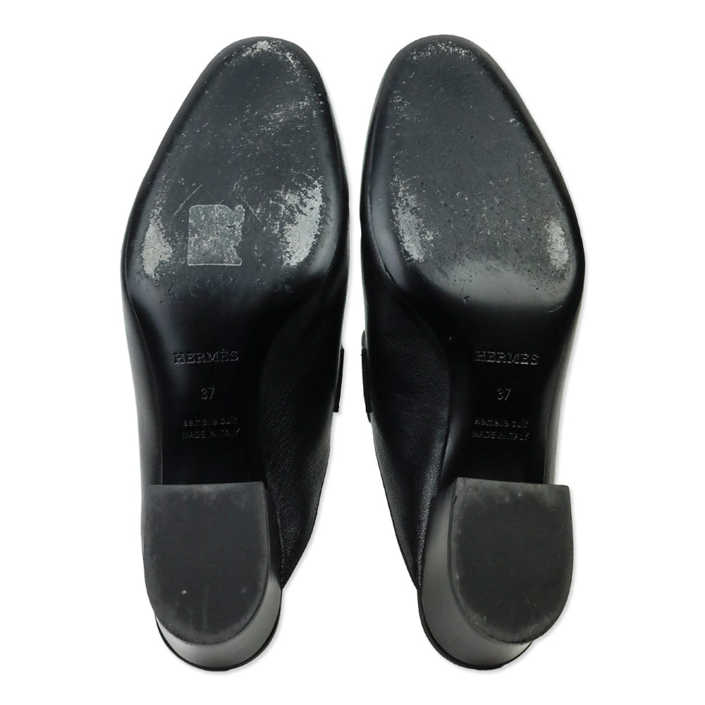 Hermes Black Leather Palladium Paradis H Logo Mules
