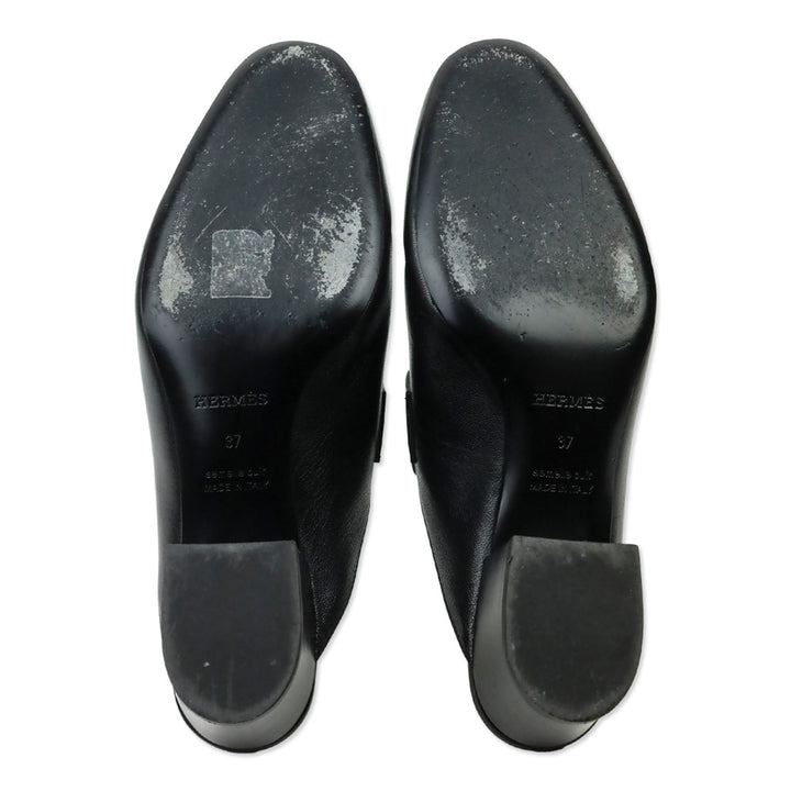 Hermes Black Leather Palladium Paradis H Logo Mules