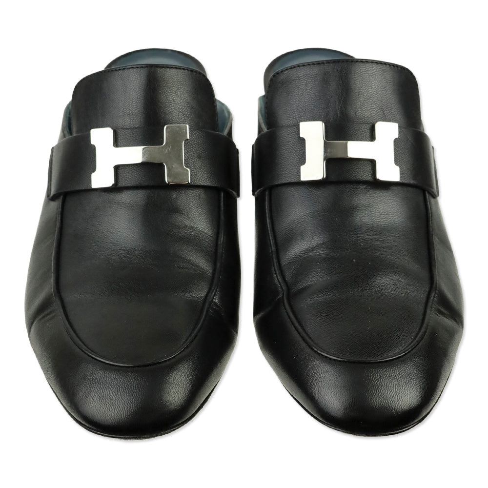 Hermes Black Leather Palladium Paradis H Logo Mules