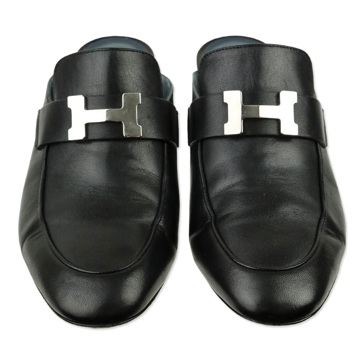 Hermes Black Leather Palladium Paradis H Logo Mules