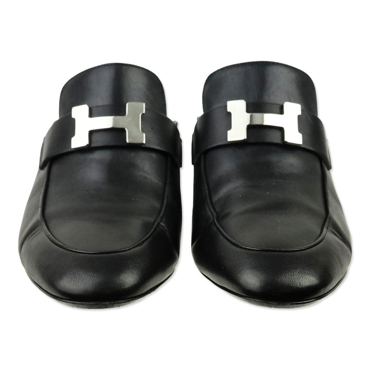 Hermes Black Leather Palladium Paradis H Logo Mules