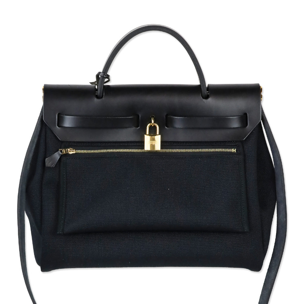 Hermès Black Noir Toile Militaire Vache Hunter Gold Hardware Herbag Zip Retourne 31 PM