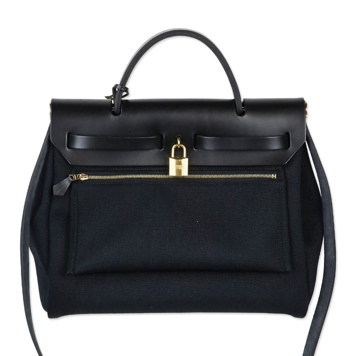Hermès Black Noir Toile Militaire Vache Hunter Gold Hardware Herbag Zip Retourne 31 PM