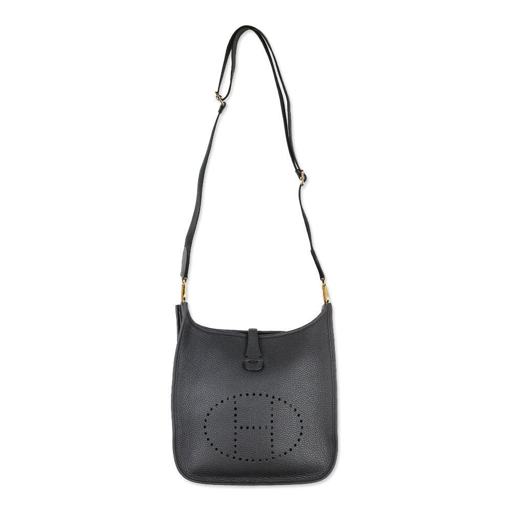 Hermès Black Taurillon Clemence Evelyne III PM 29 Gold Hardware