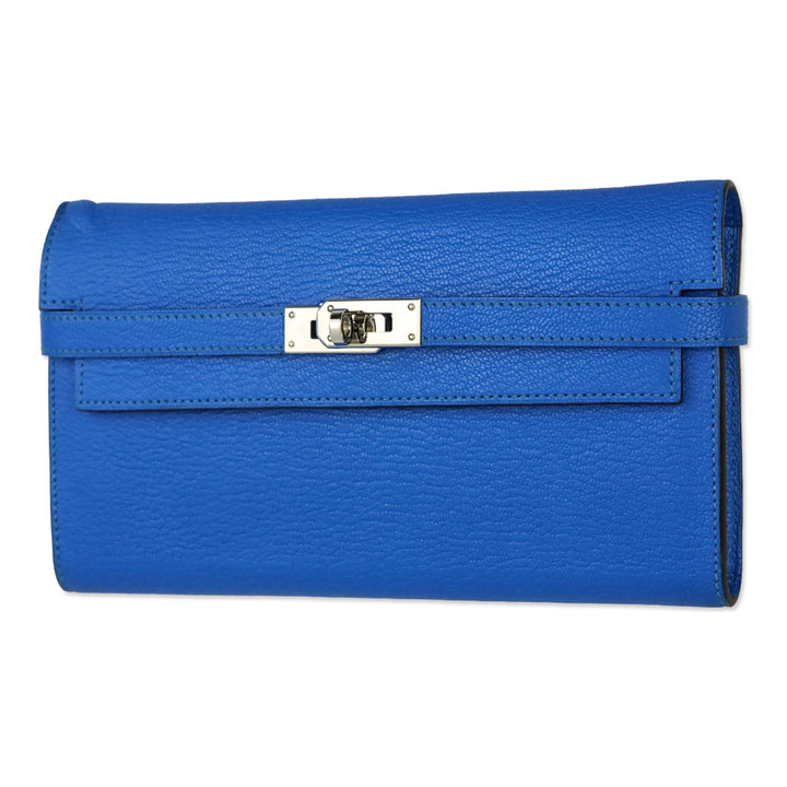 Hermès Bleu Hydra Chèvre Mysore Kelly Longue Wallet Palladium Hardware