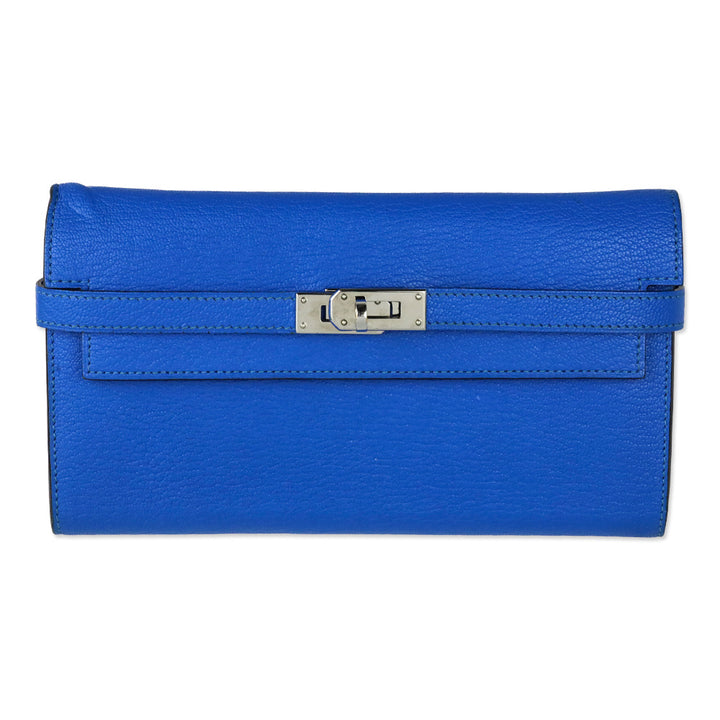 Hermès Bleu Hydra Chèvre Mysore Kelly Longue Wallet Palladium Hardware
