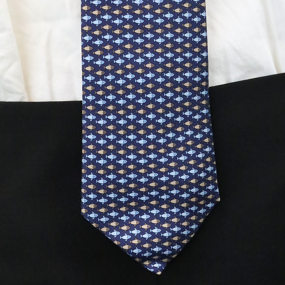 Hermès Blue Fish Pattern Silk Necktie