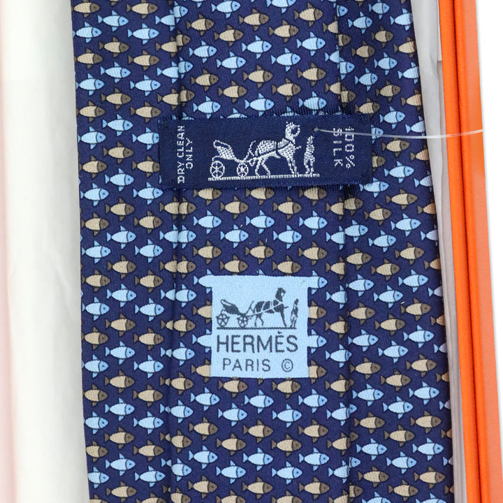 Hermès Blue Fish Pattern Silk Necktie