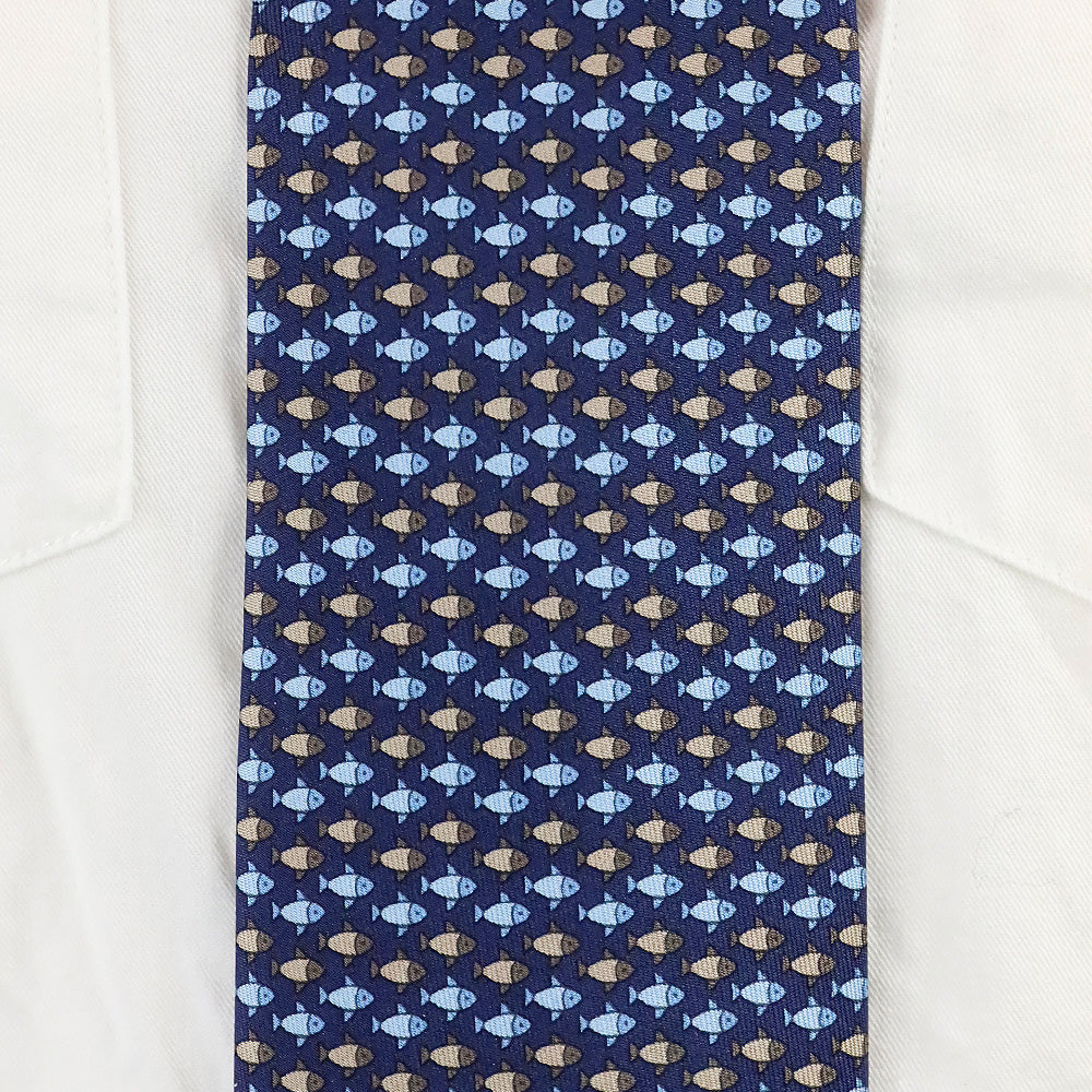 Hermès Blue Fish Pattern Silk Necktie