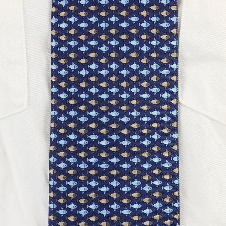 Hermès Blue Fish Pattern Silk Necktie