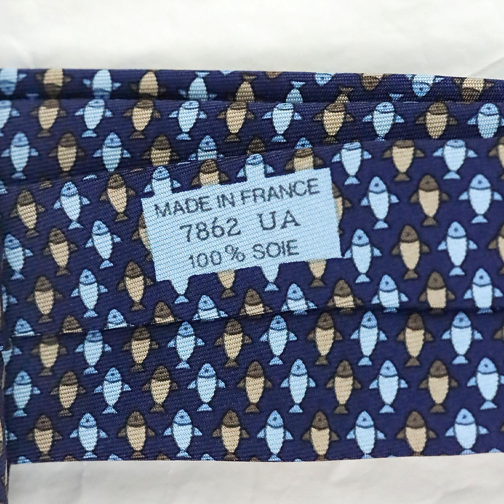 Hermès Blue Fish Pattern Silk Necktie