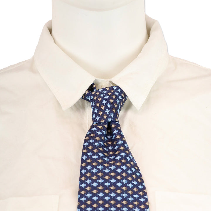 Hermès Blue Fish Pattern Silk Necktie