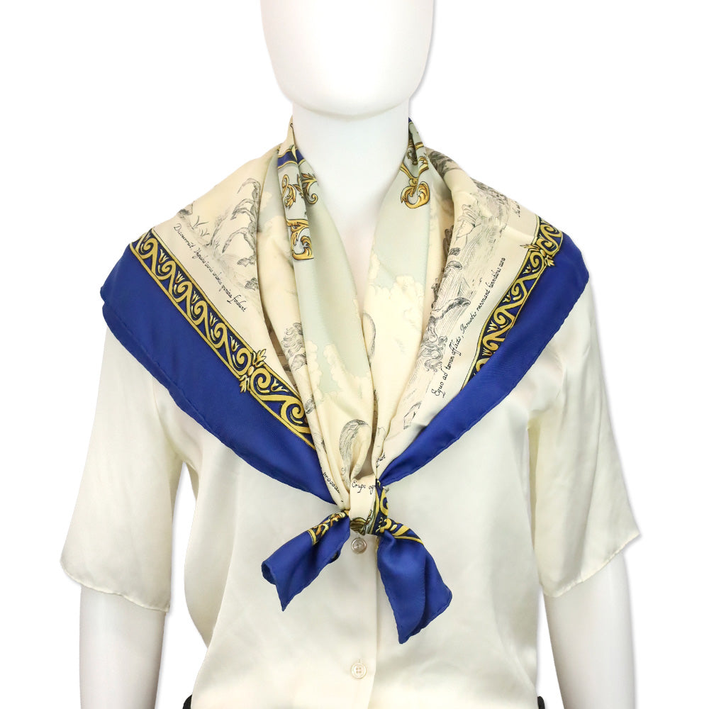 Hermès Blue/Cream Courbettes et Cabrioles Carré Silk Scarf