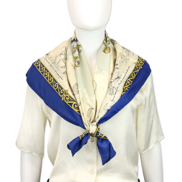 Hermès Blue/Cream Courbettes et Cabrioles Carré Silk Scarf