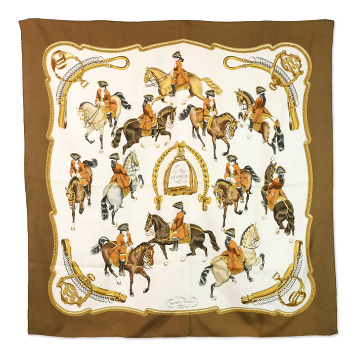 Hermès Brown/White "Reprise" Silk Carré 90 Scarf