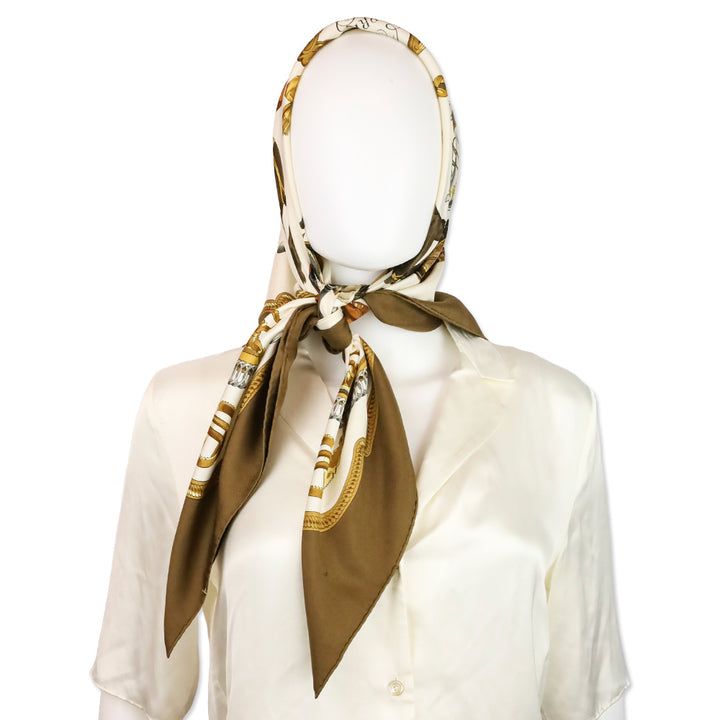 Hermès Brown/White "Reprise" Silk Carré 90 Scarf