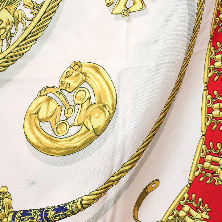 Hermes Carre Les Cavaliers D'Or Golden Horsemen Red Silk Scarf