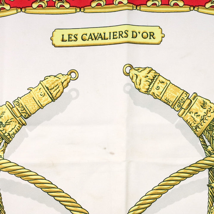 Hermes Carre Les Cavaliers D'Or Golden Horsemen Red Silk Scarf