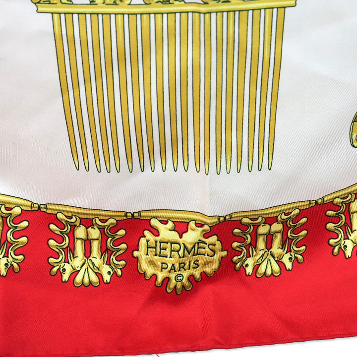 Hermes Carre Les Cavaliers D'Or Golden Horsemen Red Silk Scarf