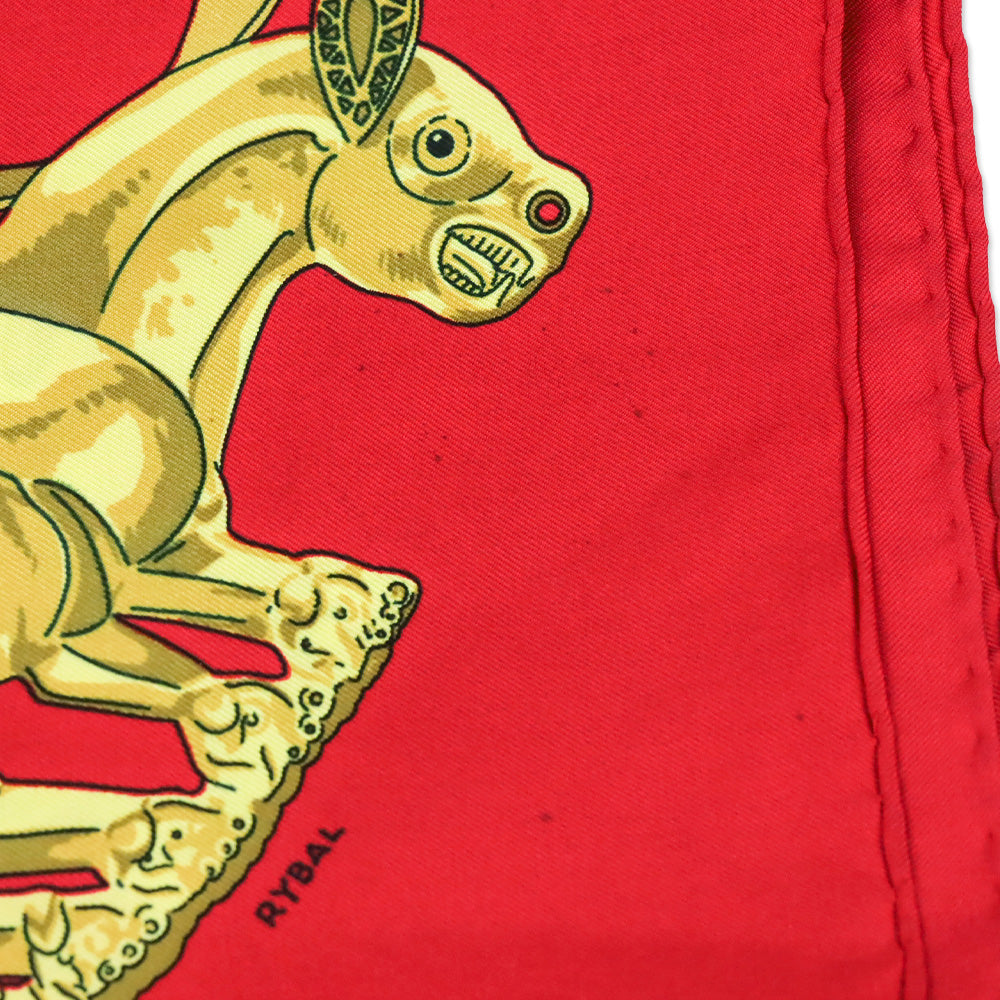 Hermes Carre Les Cavaliers D'Or Golden Horsemen Red Silk Scarf