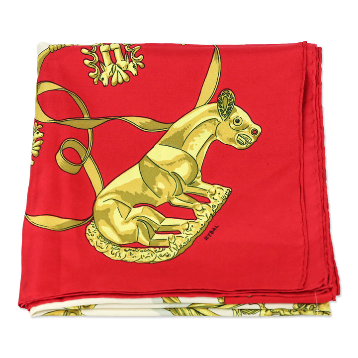 Hermes Carre Les Cavaliers D'Or Golden Horsemen Red Silk Scarf