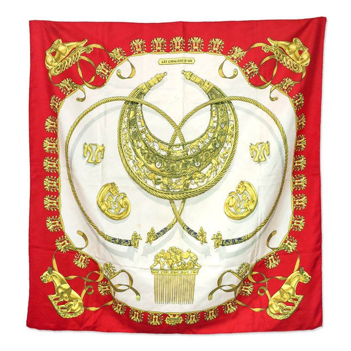 Hermes Carre Les Cavaliers D'Or Golden Horsemen Red Silk Scarf