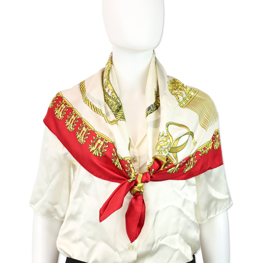 Hermes Carre Les Cavaliers D'Or Golden Horsemen Red Silk Scarf