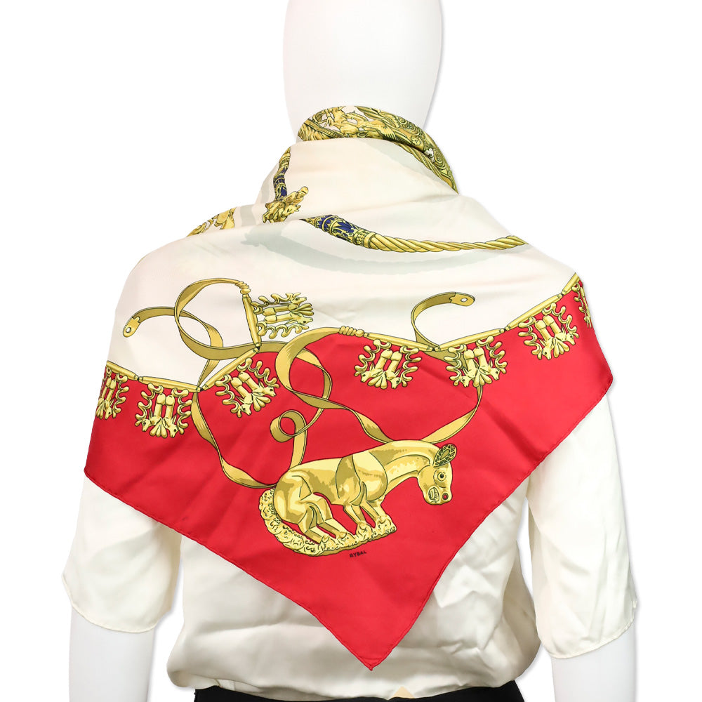 Hermes Carre Les Cavaliers D'Or Golden Horsemen Red Silk Scarf