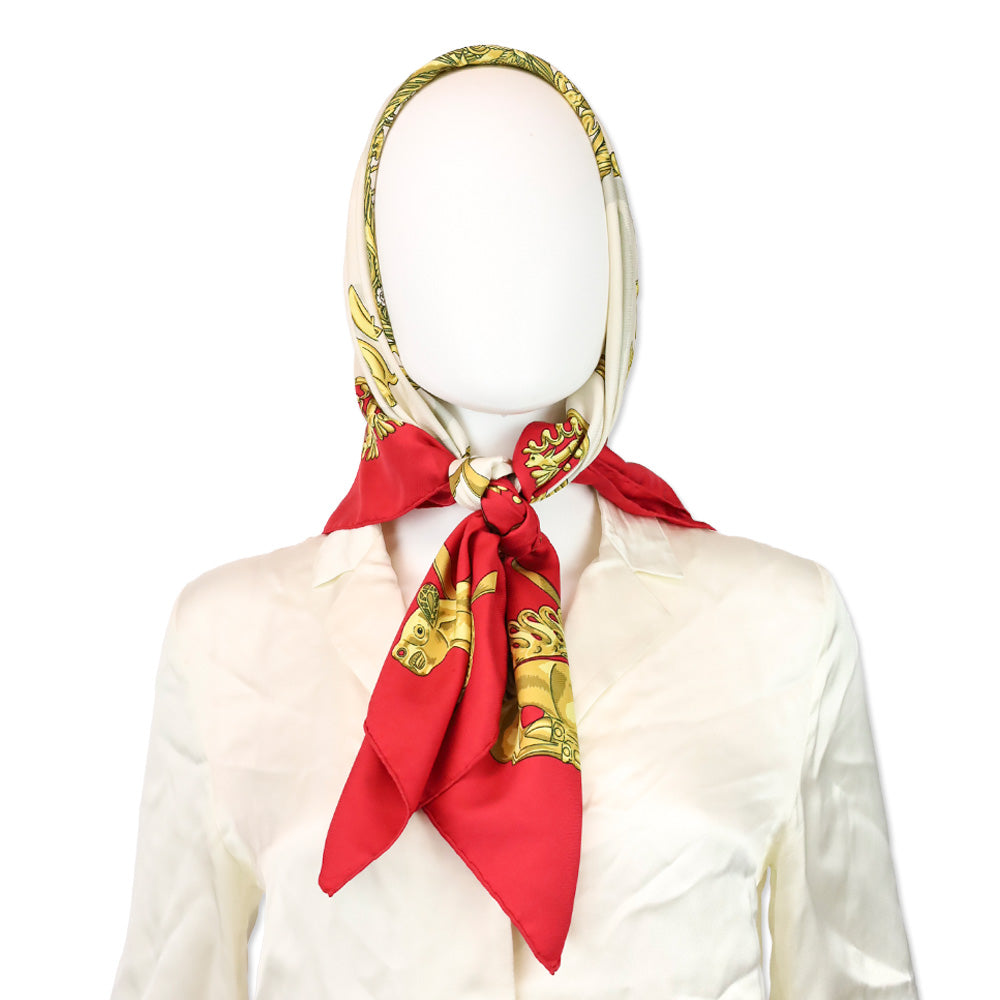 Hermes Carre Les Cavaliers D'Or Golden Horsemen Red Silk Scarf