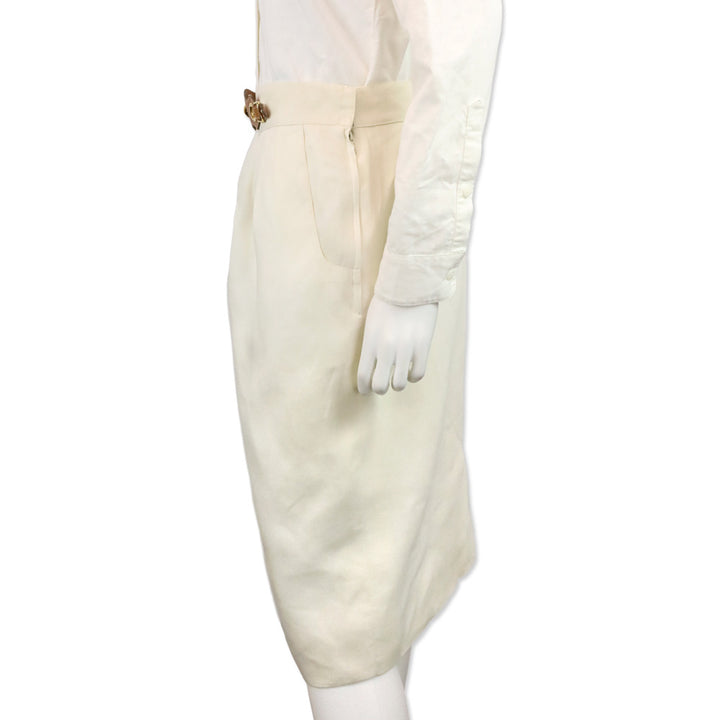 Hermès Cream Linen Midi Skirt with Gold Studded Leather Belt Accent
