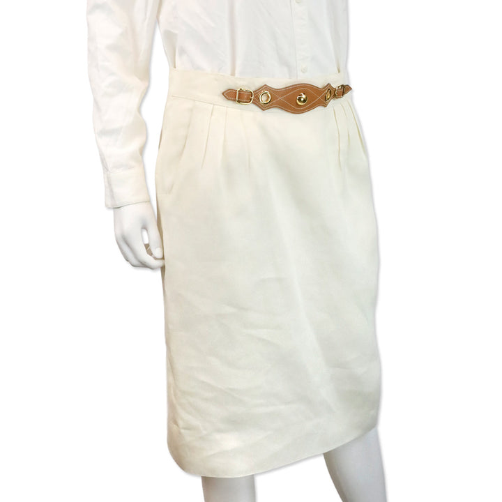Hermès Cream Linen Midi Skirt with Gold Studded Leather Belt Accent