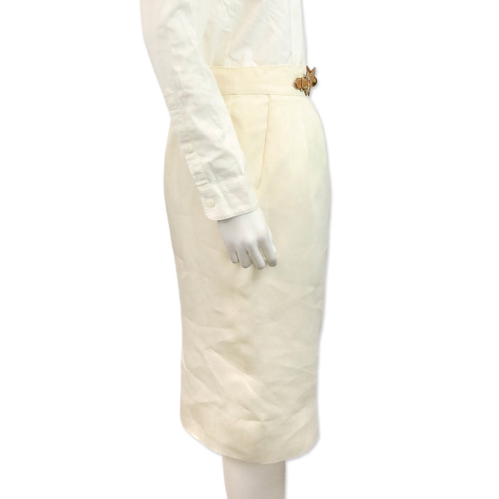 Hermès Cream Linen Midi Skirt with Gold Studded Leather Belt Accent