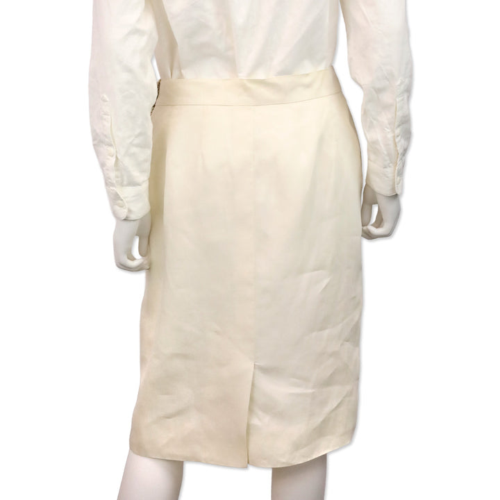 Hermès Cream Linen Midi Skirt with Gold Studded Leather Belt Accent