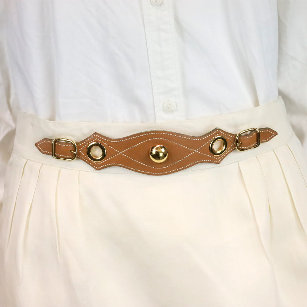 Hermès Cream Linen Midi Skirt with Gold Studded Leather Belt Accent