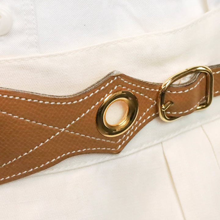Hermès Cream Linen Midi Skirt with Gold Studded Leather Belt Accent