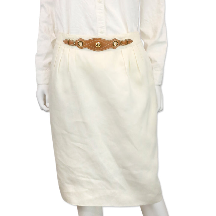 Hermès Cream Linen Midi Skirt with Gold Studded Leather Belt Accent