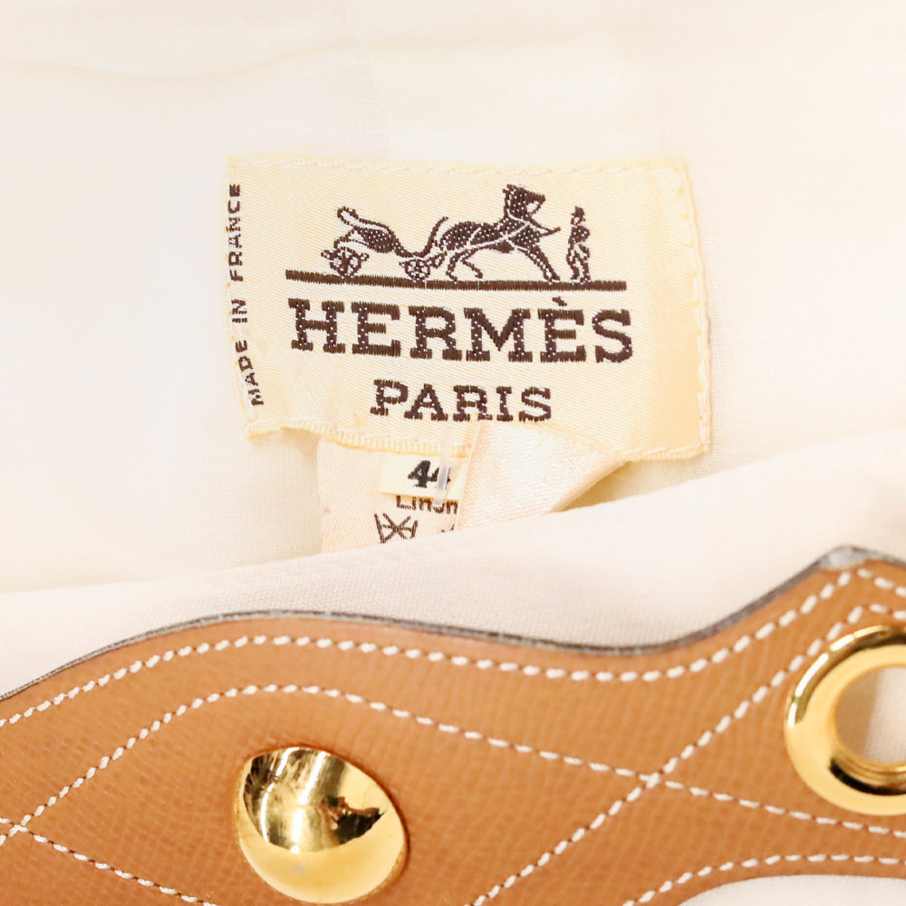 Hermès Cream Linen Midi Skirt with Gold Studded Leather Belt Accent