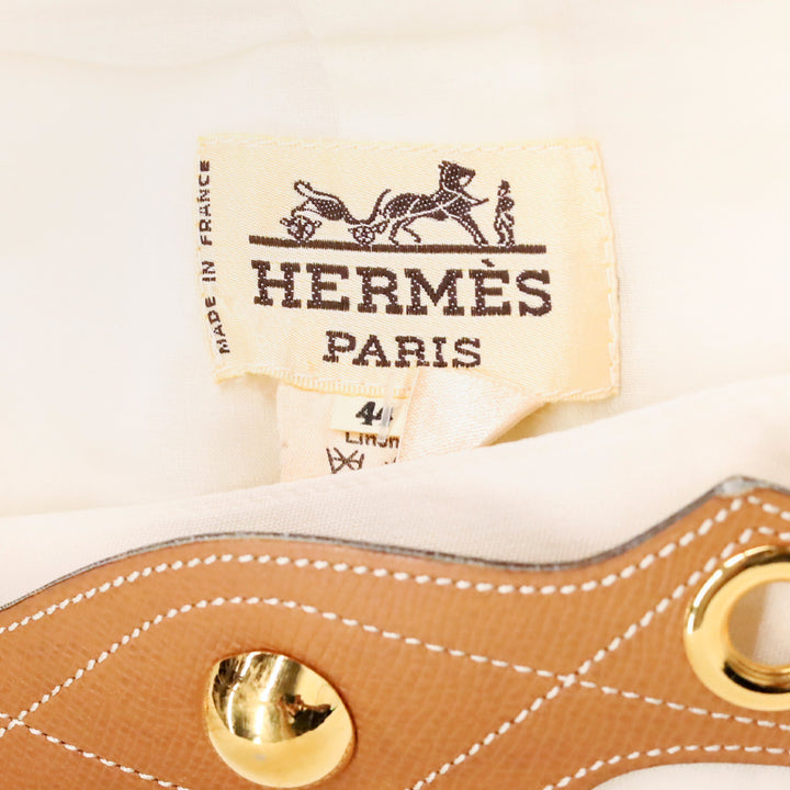 Hermès Cream Linen Midi Skirt with Gold Studded Leather Belt Accent
