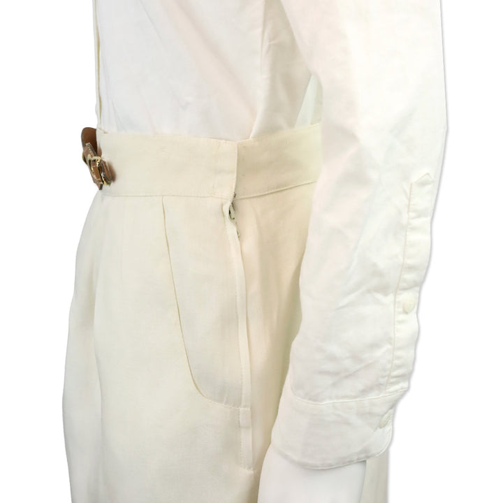 Hermès Cream Linen Midi Skirt with Gold Studded Leather Belt Accent