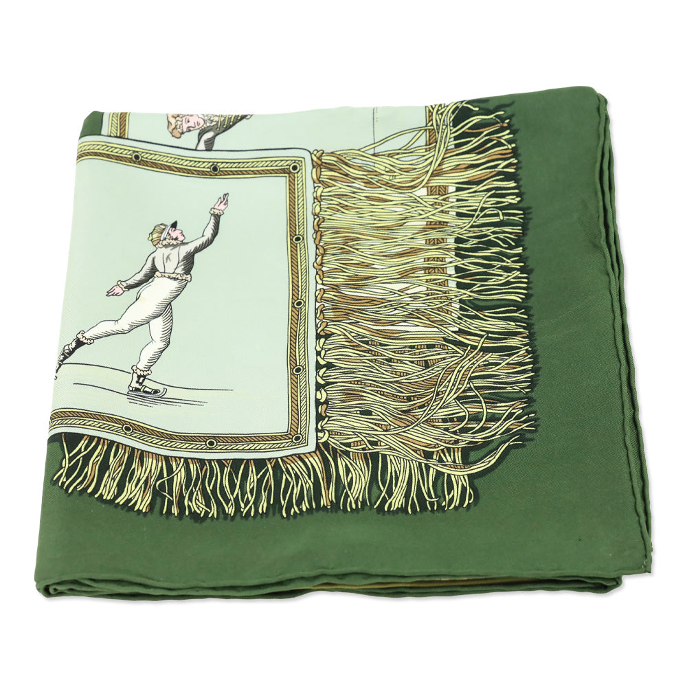 Hermès Green/Cream Les Plaisirs Du Froid by Hugo Grygkar Silk Scarf 90cm