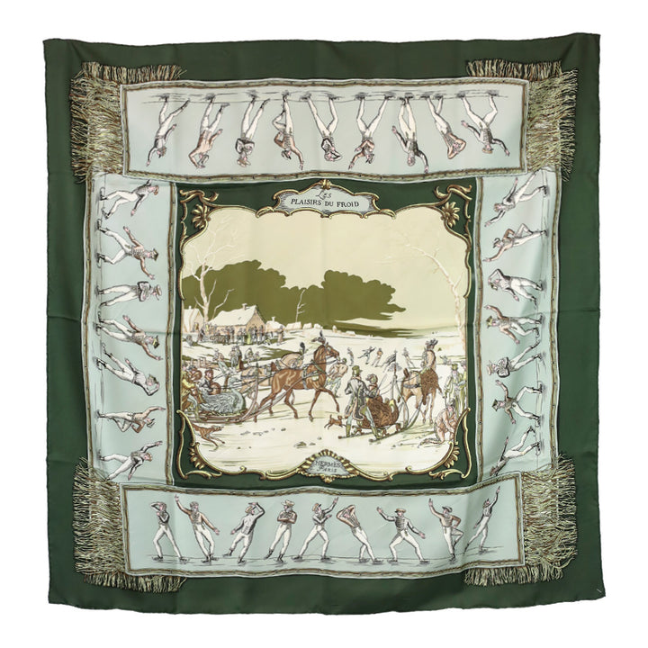 Hermès Green/Cream Les Plaisirs Du Froid by Hugo Grygkar Silk Scarf 90cm