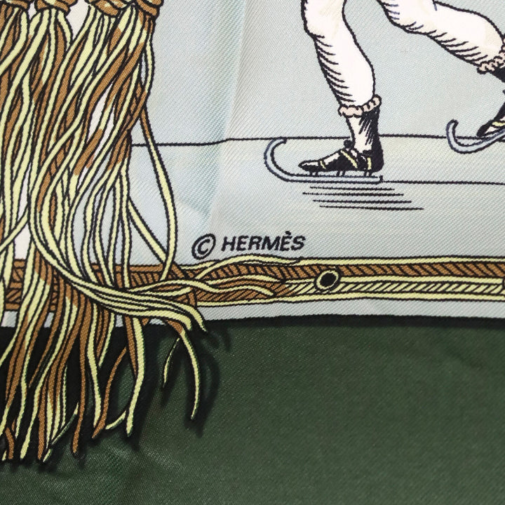 Hermès Green/Cream Les Plaisirs Du Froid by Hugo Grygkar Silk Scarf 90cm