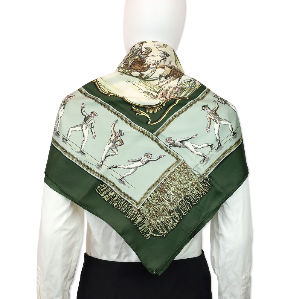 Hermès Green/Cream Les Plaisirs Du Froid by Hugo Grygkar Silk Scarf 90cm
