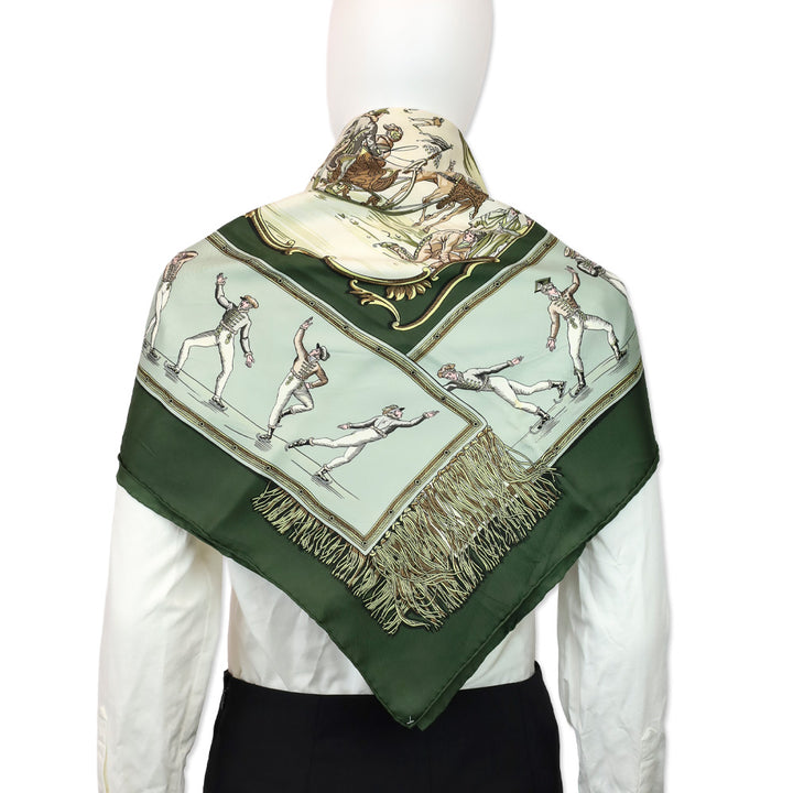 Hermès Green/Cream Les Plaisirs Du Froid by Hugo Grygkar Silk Scarf 90cm