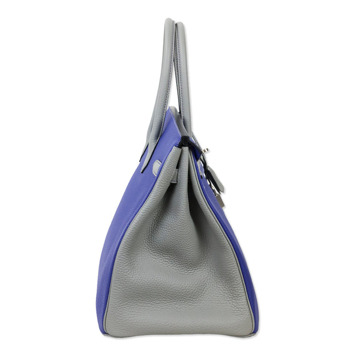Hermès HSS Bicolor Bleu Électrique and Gris Mouette Togo Retourne Birkin 35 with Brushed Palladium Hardware