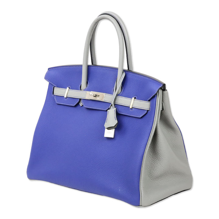 Hermès HSS Bicolor Bleu Électrique and Gris Mouette Togo Retourne Birkin 35 with Brushed Palladium Hardware