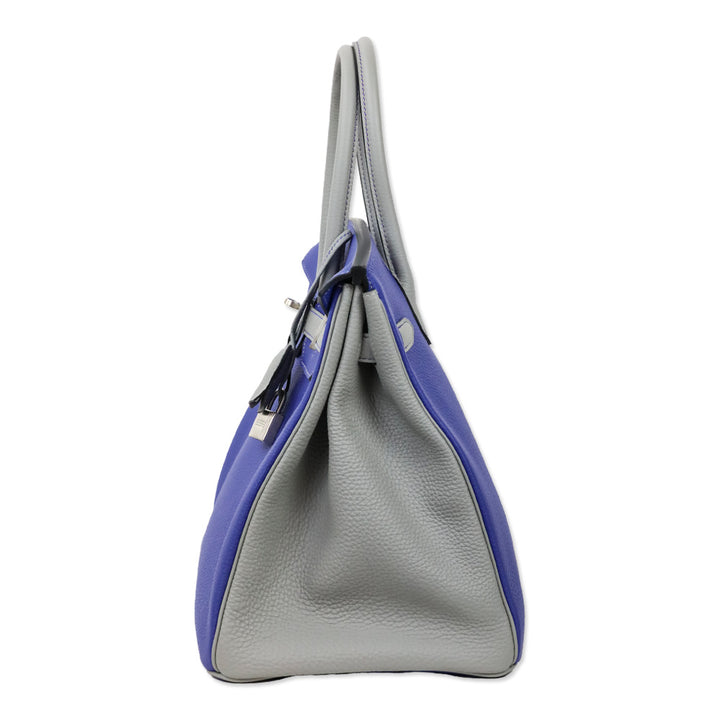 Hermès HSS Bicolor Bleu Électrique and Gris Mouette Togo Retourne Birkin 35 with Brushed Palladium Hardware